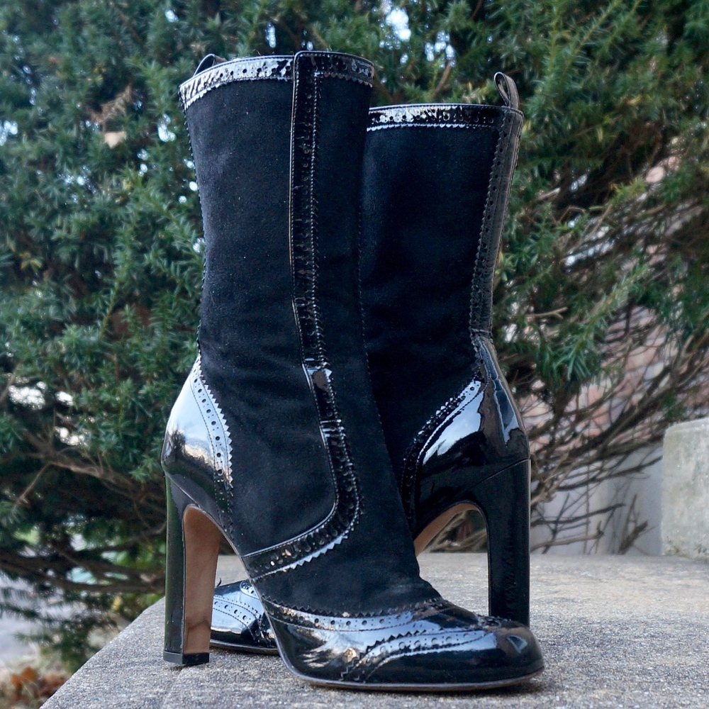 "Gatsby" Patent & Suede Brogue Heel Calf Boots